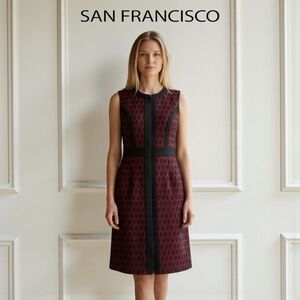 San Francisco, Black & Red Sleeveless Structured Dress with Front Zip, Small